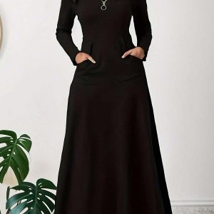 Autumn/Winter Solid Patchwork Zip-Pocket Dress