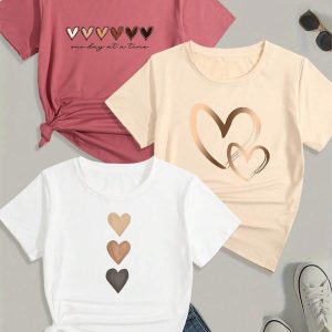 3pcs Women's Heart Print Round Neck Tees
