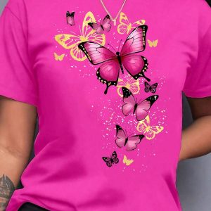 Women's Std Size Summer Butterfly Print Crew Neck Tee