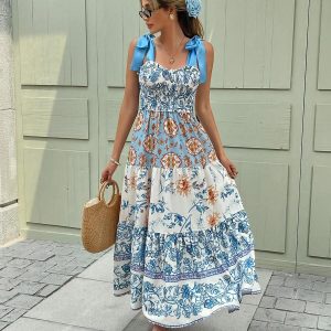 Women's Floral Lace-Up Spaghetti Strap Pleated Dress